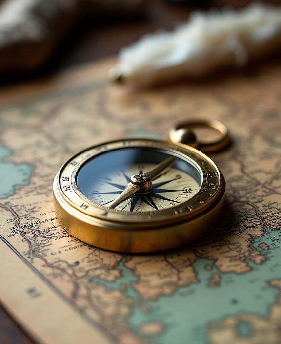 An antique brass compass resting on a vintage map.