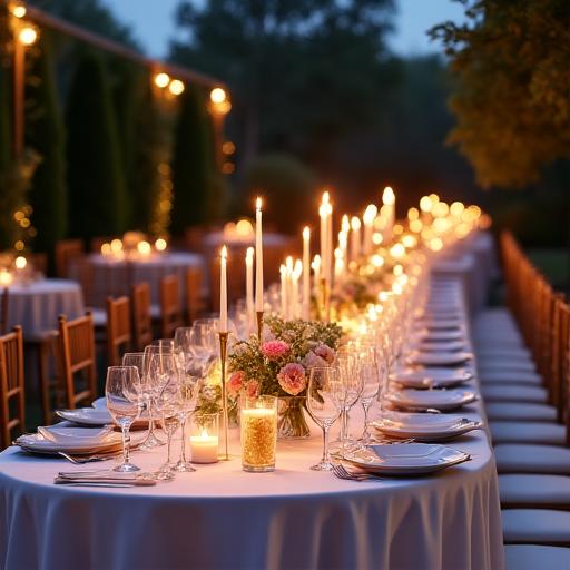 An elegantly set dining table for a luxury outdoor event at dusk.