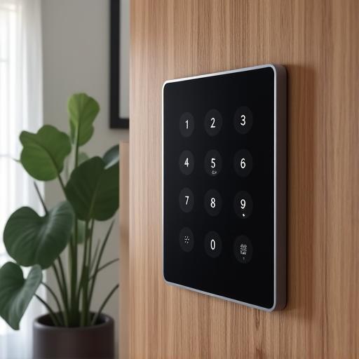 A sleek, minimalist smart home control panel on a wooden wall.