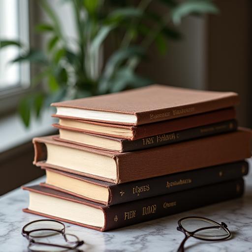 A close-up of a stack of elegantly designed, hardbound books.